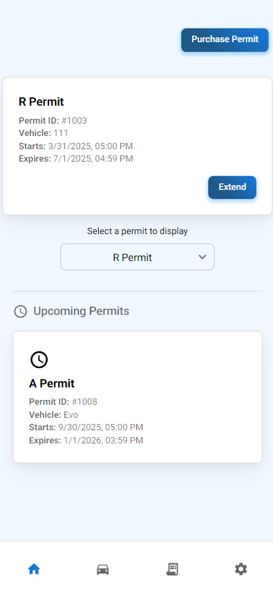 Permit management interface showing R Permit details with extend and purchase options