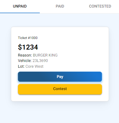 Ticket management interface showing unpaid tickets with pay and contest options